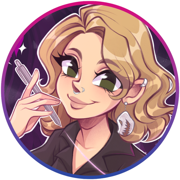 A portrait of Sass Addams in a cartoon style with a purple background. Sass is a white woman with blonde wavy hair to her shoulders, hazel eyes, and a nose ring. She is wearing a black collared shirt and white earrings in the shape of a T-Rex's skull.